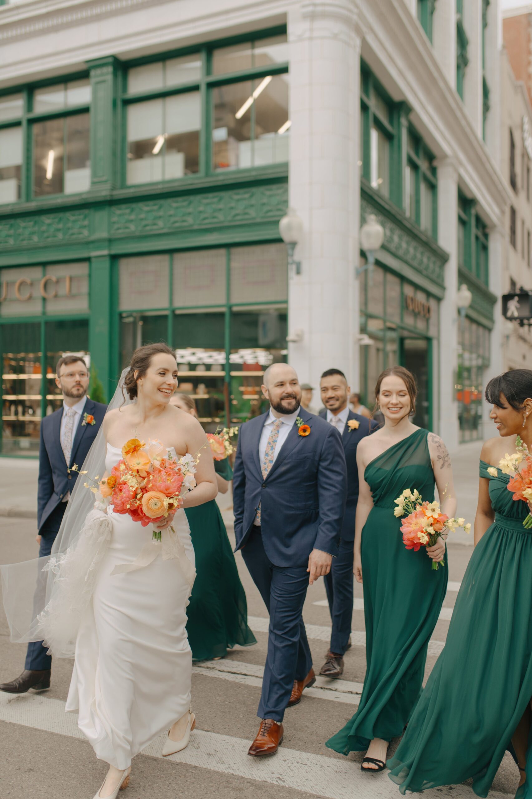 Wedding party walking the streets of downtown Detroit.